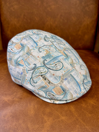 Flatcap Leinen Beige/Blau mit abstraktem Muster