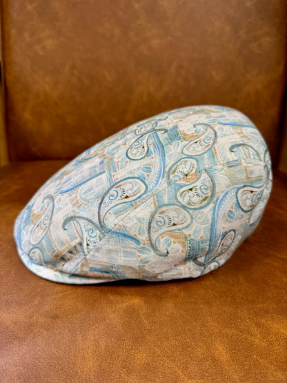 Flatcap Leinen Beige/Blau mit abstraktem Muster