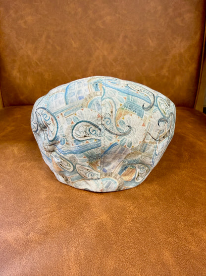 Flatcap Leinen Beige/Blau mit abstraktem Muster